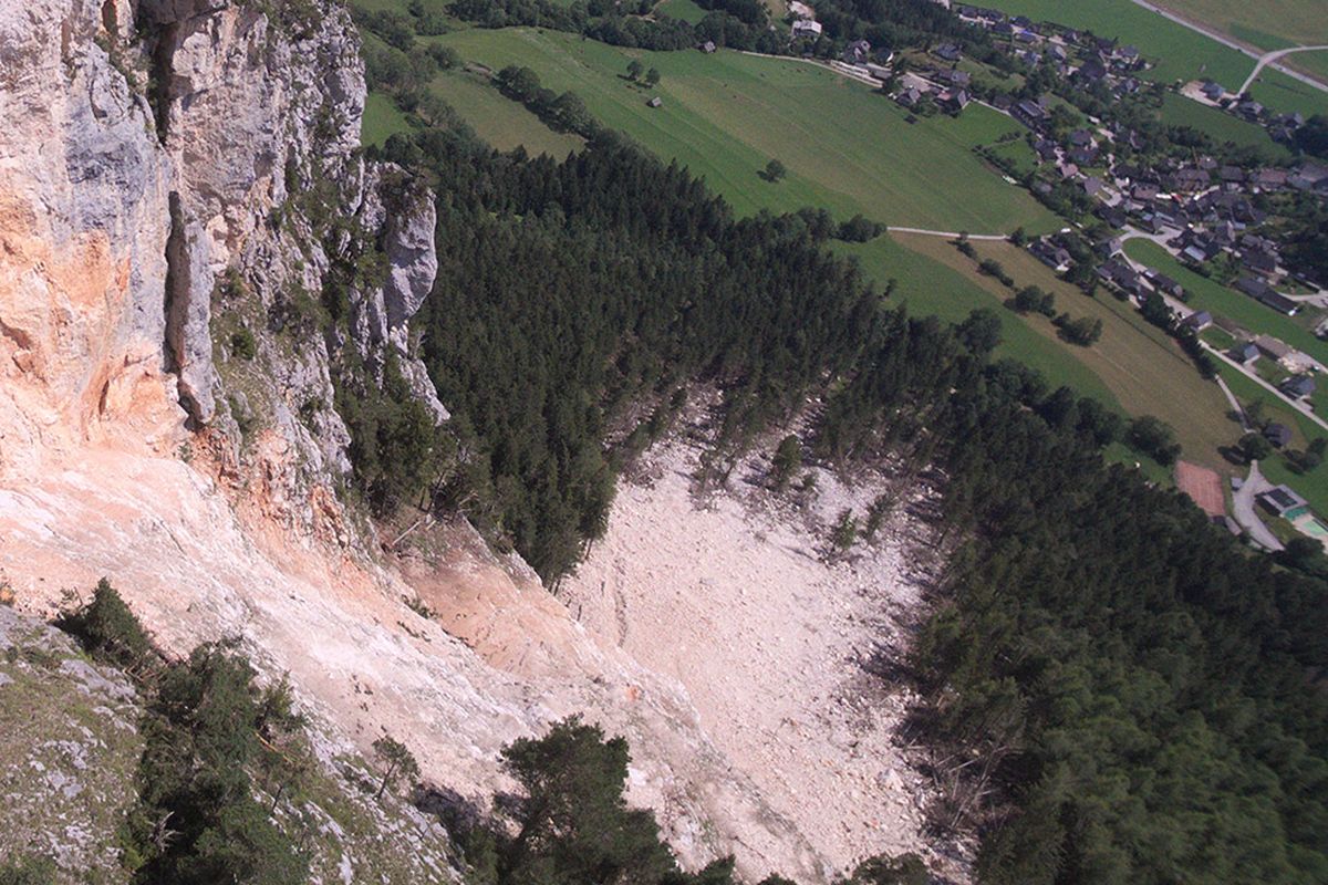 Ein Hangrutsch an einer Felswand, umgeben von Wäldern und Wiesen, mit einer Siedlung im Hintergrund.