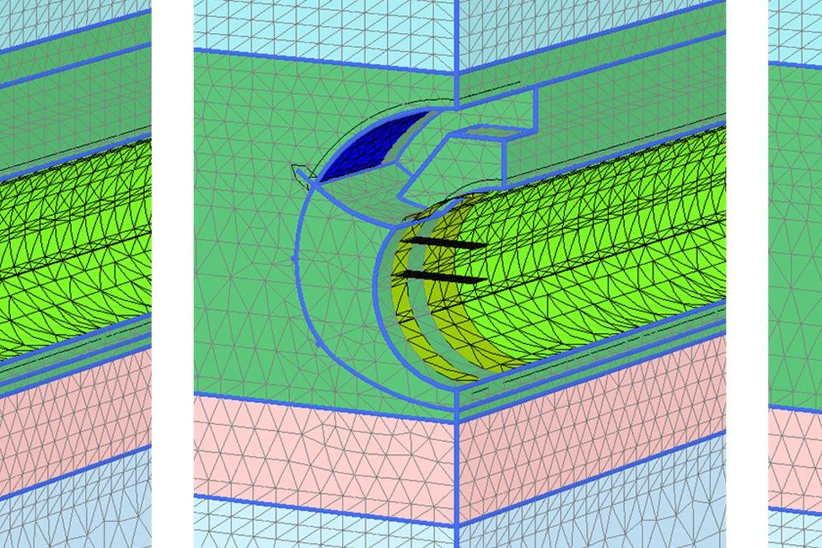 Technische Darstellung einer dreidimensionalen Geometrie mit Maschen und farblich hervorgehobenen Bereichen.