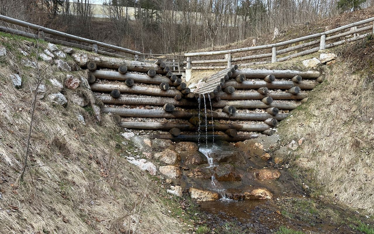 Ein kleiner Wasserfall fließt über einen Holzstammdamm in einen felsigen Bach, der von grasbewachsenen Hängen und einem Holzzaun umgeben ist. Spärliche Bäume im Hintergrund.