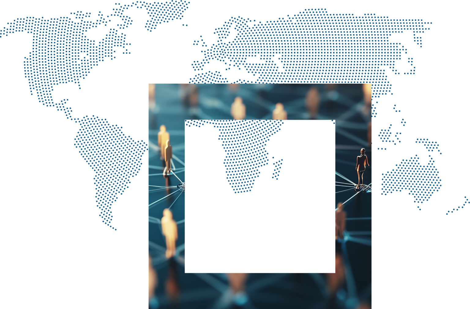 Ein Netzwerk von stilisierten Personen vor einer Weltkarte, die digitale Verbindungen zeigt. Datenvisualisierung und Globalisierung.