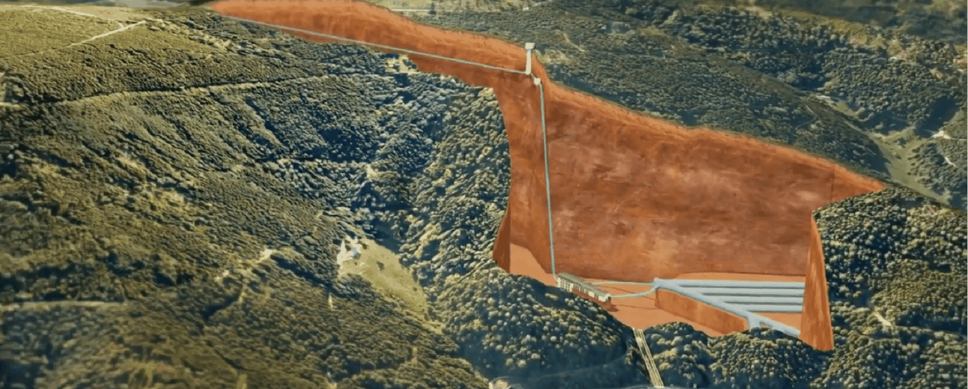 Eine digitale Darstellung einer großen Erdöffnung, umgeben von Wald, mit Baustellenmerkmalen und einer Struktur im Inneren.