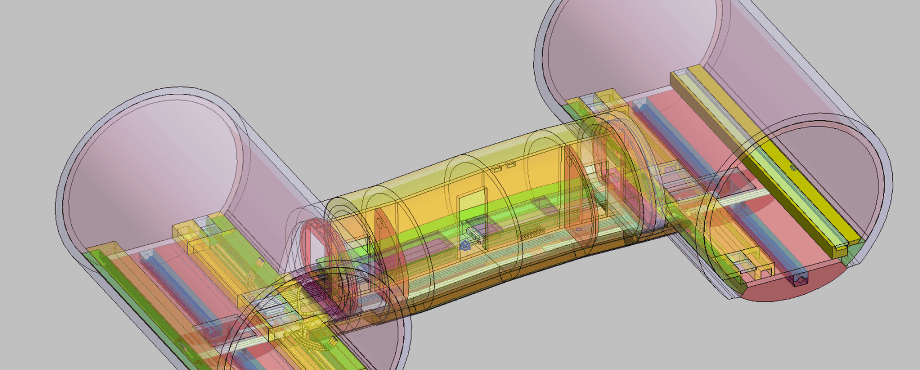 Ein farbiges, transparentes 3D-Modell eines mechanischen Bauteils mit zylindrischen Enden und Verbindungsstrukturen auf grauem Hintergrund.
