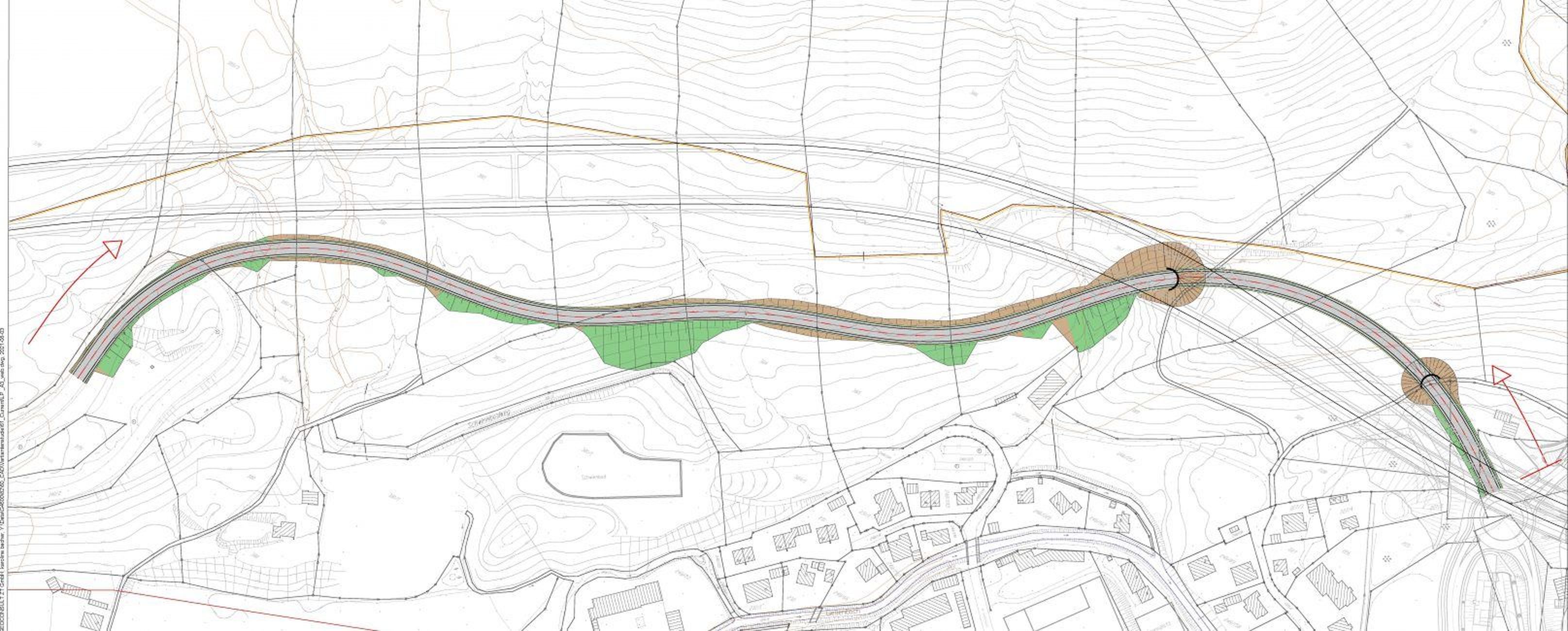 Eine technische Karte zeigt eine kurvenreiche Straße mit Geländeformen und grünen Flächen in der Umgebung.