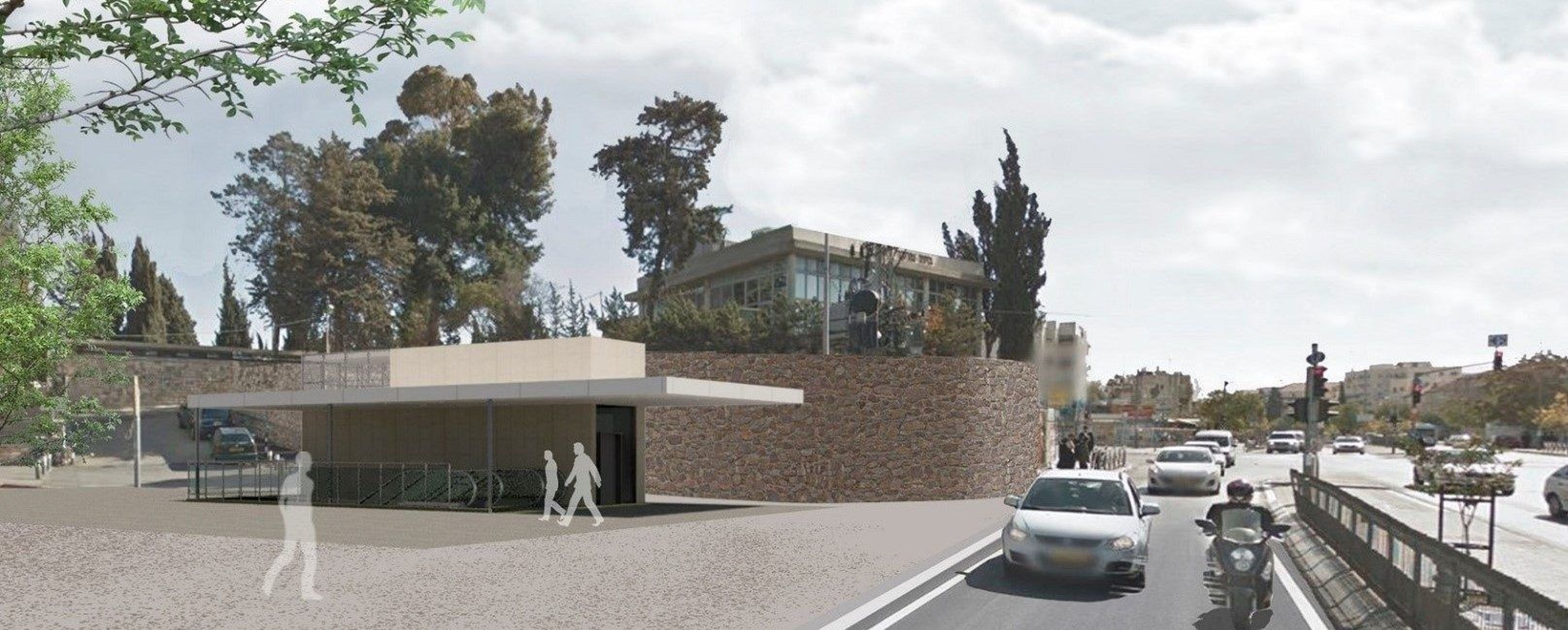 Ein moderner Bau mit einem begrünten Bereich, umgeben von Bäumen und einer befahrenen Straße im Hintergrund.