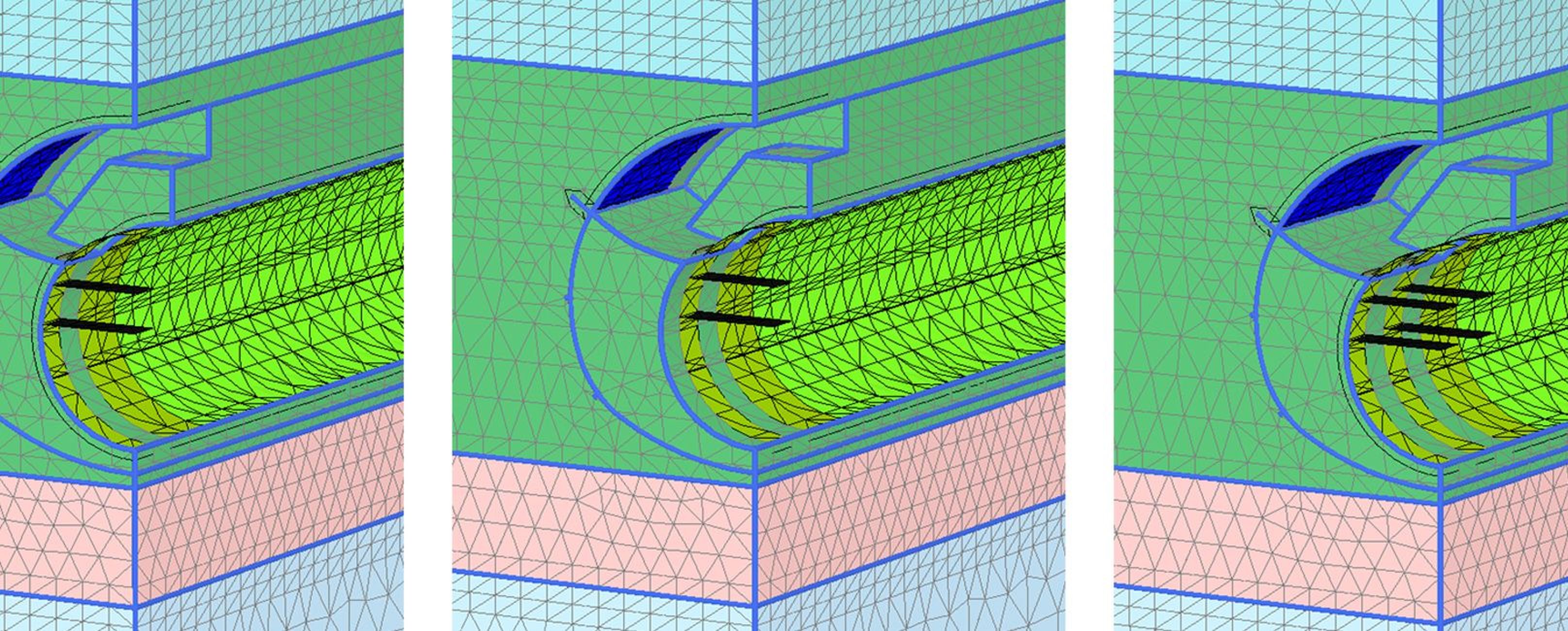 Technische Darstellung einer dreidimensionalen Geometrie mit Maschen und farblich hervorgehobenen Bereichen.
