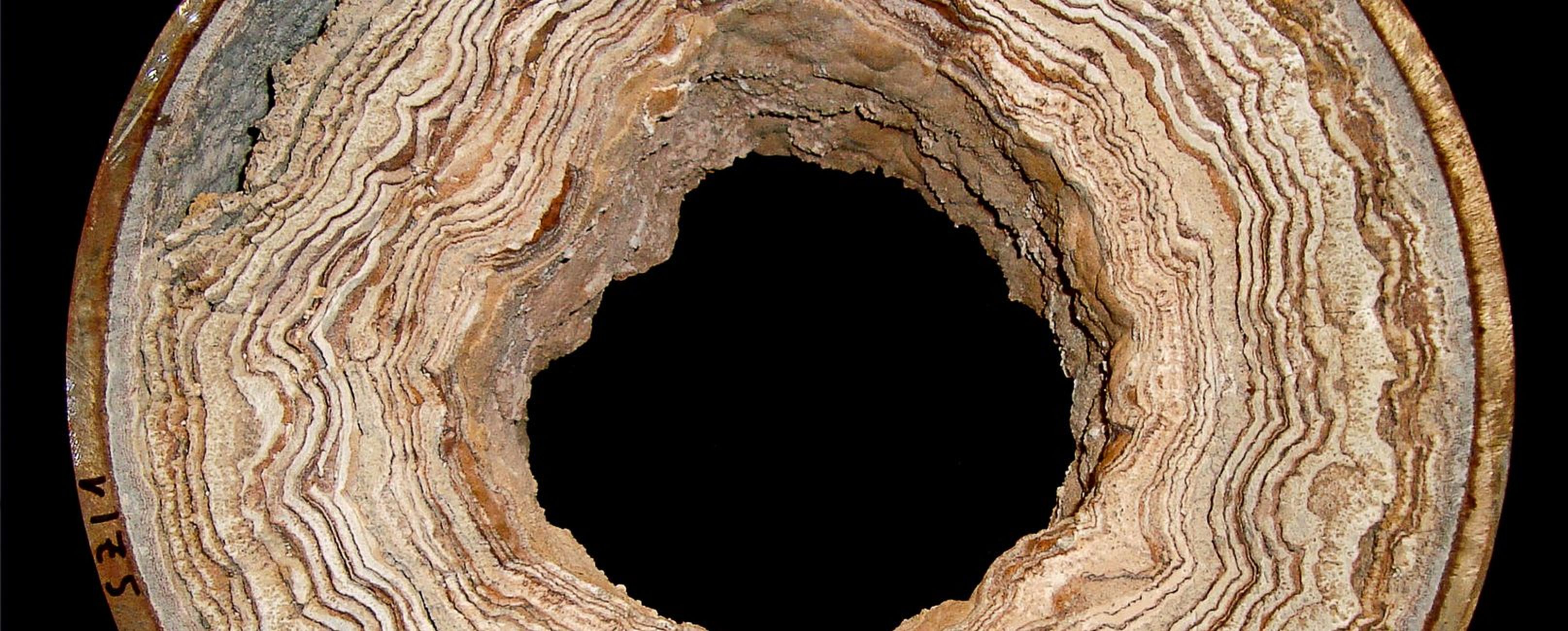 A circular piece of wood or stone with a layered structure and a central hole, on a black background.