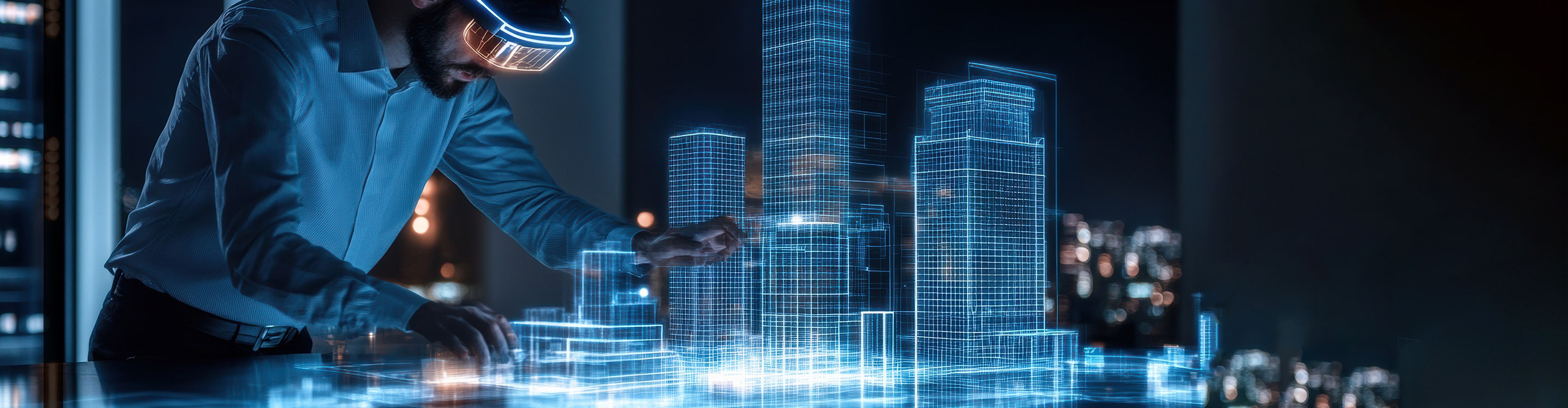Eine Person, die ein VR-Headset trägt, interagiert mit einem digitalen holografischen Stadtmodell in einem schwach beleuchteten Raum.