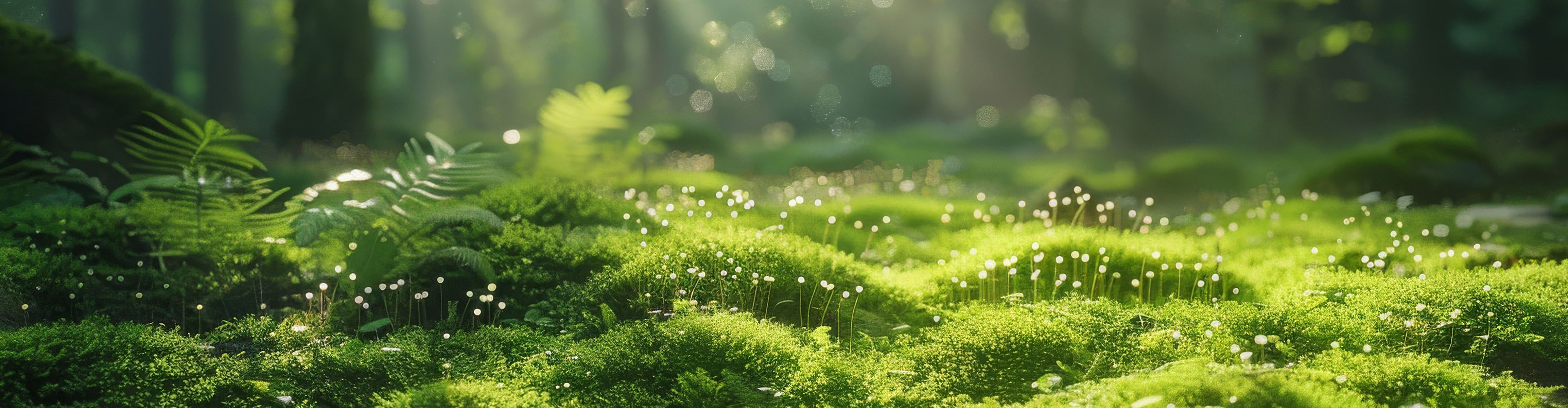 Der sonnenbeschienene Waldboden ist mit üppig grünem Moos und winzigen weißen Blüten bedeckt, während im Hintergrund sanftes Licht durch die Bäume fällt.