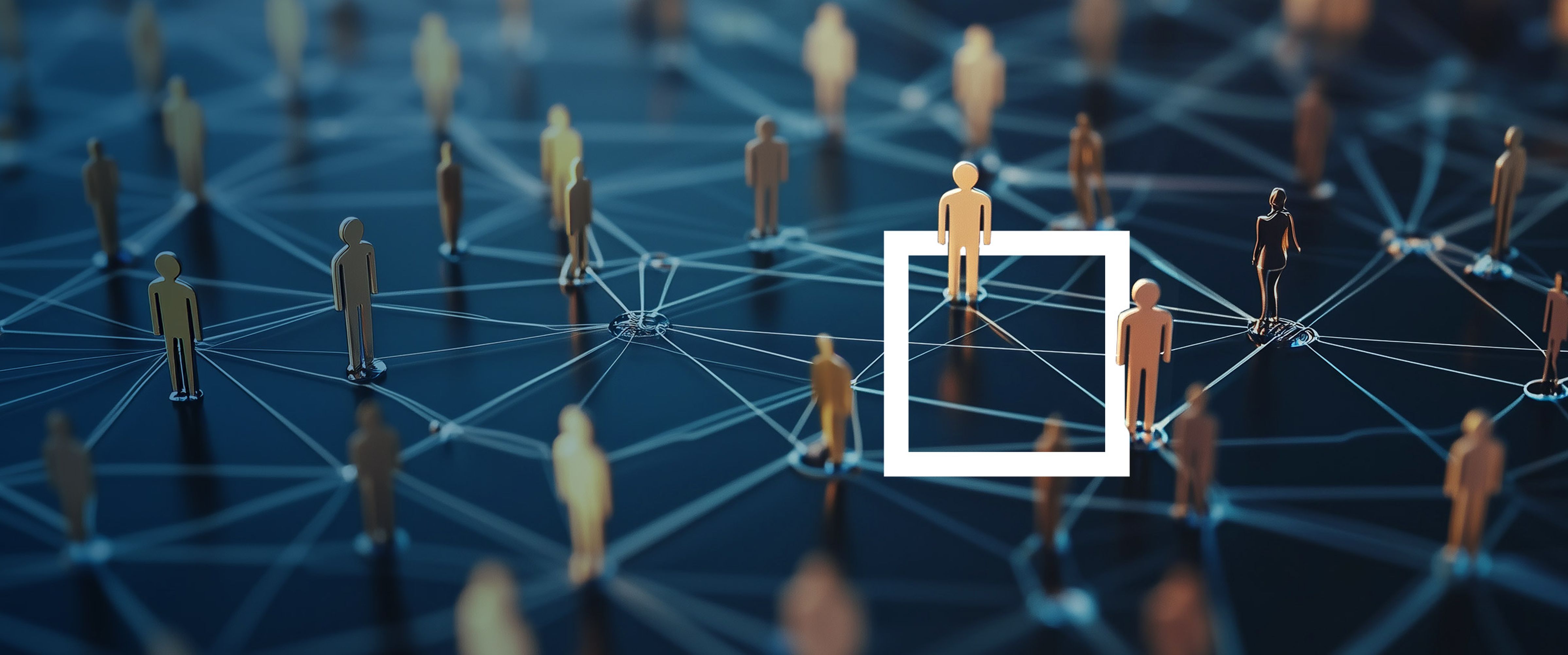 Ein Netzwerk aus stilisierten Figuren auf einem digitalen Hintergrund, mit einem hervorgehobenen Quadrat um eine Figur.