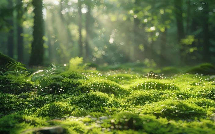 Das Sonnenlicht fällt durch die Bäume und beleuchtet den üppigen Waldboden, der mit leuchtend grünem Moos und kleinen Pflanzen bedeckt ist.
